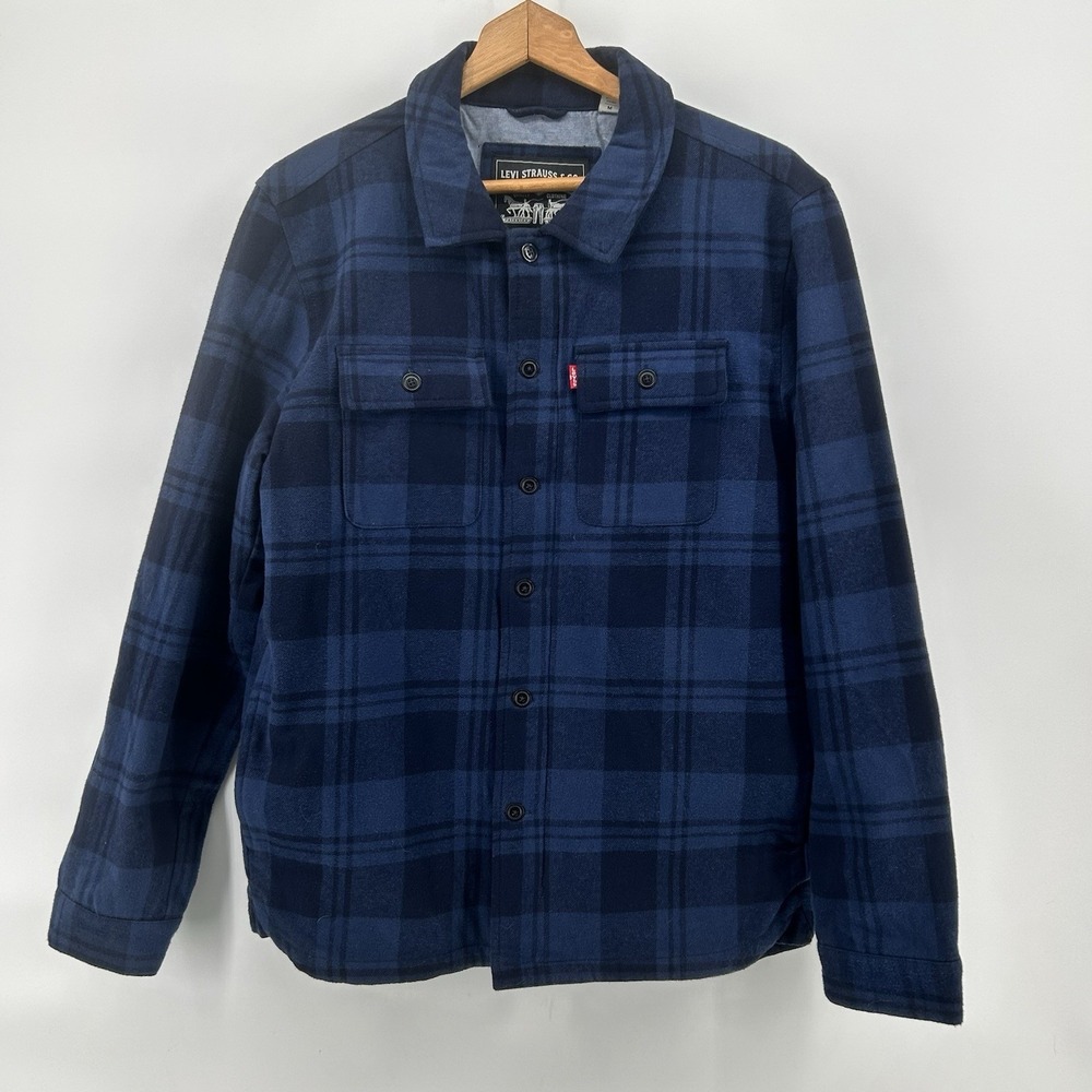 Levis Plaid Shacket Jacket Mens‎ M Navy Flannel Lined Zip Button Shirt Workwear